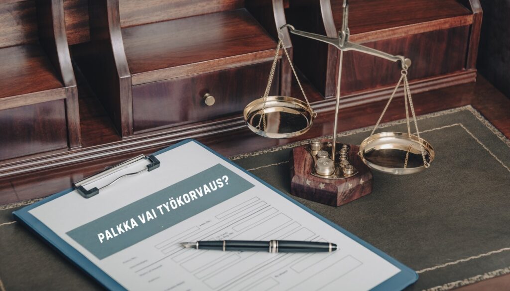 Kultainen vaakapuntari ja valkoinen vihko, jossa lukee kannessa "Palkkaa vai työkorvausta?".